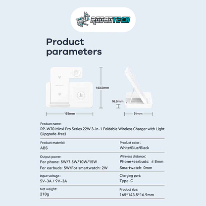 Remax [RP-W70] High Power 3 in 1 Foldable Wireless Charger, 22W