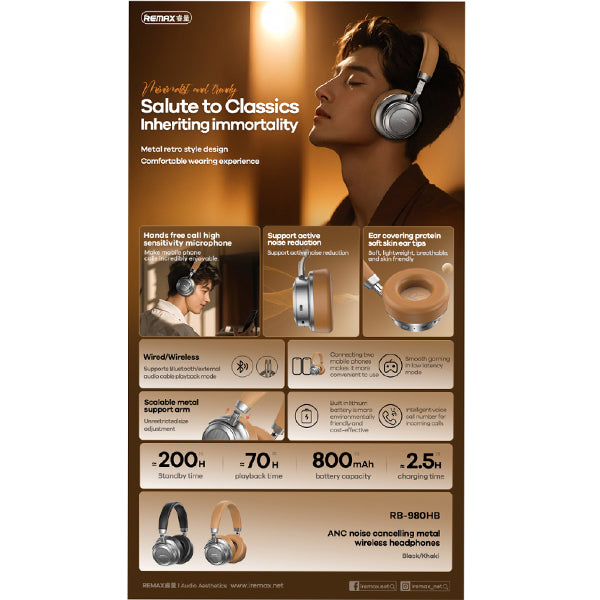 REMAX ANC RB-980HB Metal Noise Canceling Wireless Headphones